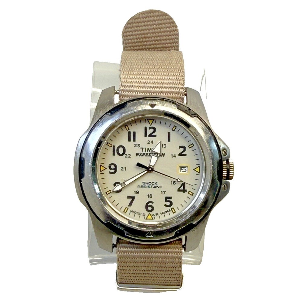 Timex Expedition 42mm Indiglo WR100M Analog Date Watch Beige Yellow Nylon EUC